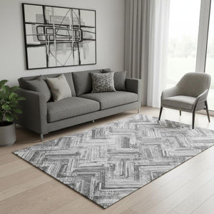 HomeRoots 5' X 8' Gray And Ivory Chevron Area Rug – Durable, Washable, UV-Protected, Perfect for Busy Homes! 652895