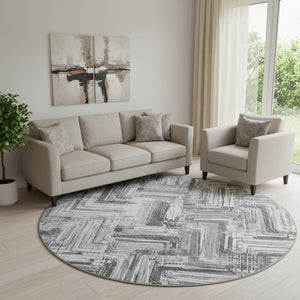 HomeRoots 8' Gray and Ivory Chevron Round Rug - Washable, UV Protected, Durable, Perfect for High-Traffic Areas 652896