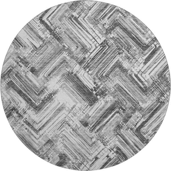 HomeRoots 8' Gray and Ivory Chevron Round Rug - Washable, UV Protected, Durable, Perfect for High-Traffic Areas 652896
