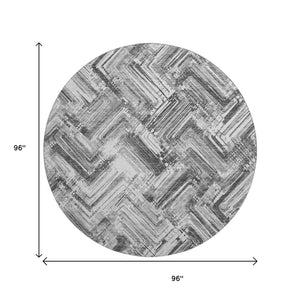 HomeRoots 8' Gray and Ivory Chevron Round Rug - Washable, UV Protected, Durable, Perfect for High-Traffic Areas 652896