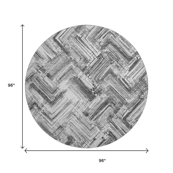 HomeRoots 8' Gray and Ivory Chevron Round Rug - Washable, UV Protected, Durable, Perfect for High-Traffic Areas 652896
