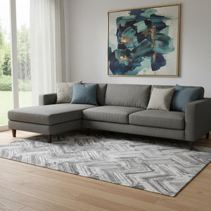 HomeRoots 9' X 12' Gray and Ivory Chevron Area Rug - Washable, UV Protected, Durable for Homes with Kids & Pets 652898