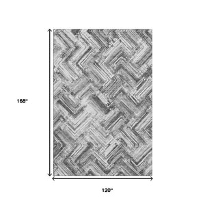 HomeRoots 10' X 14' Gray And Ivory Chevron Area Rug – Durable, Washable, UV-Protected for Modern Living Spaces 652899