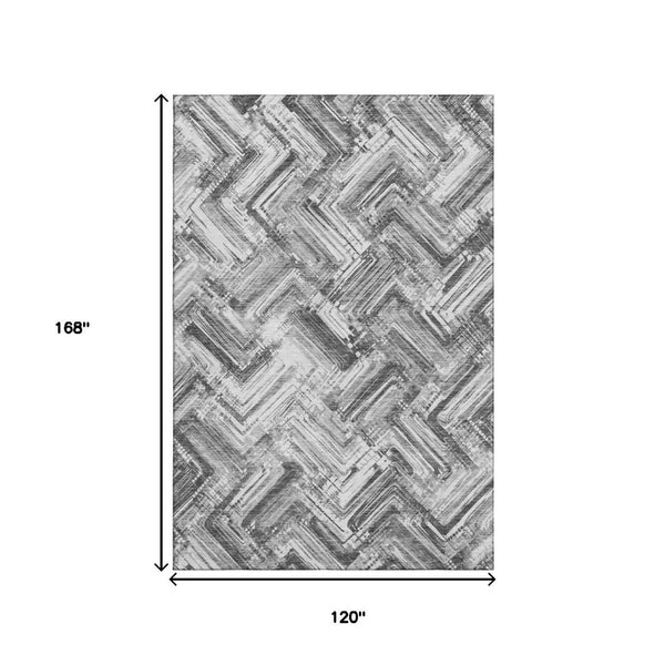 HomeRoots 10' X 14' Gray And Ivory Chevron Area Rug – Durable, Washable, UV-Protected for Modern Living Spaces 652899