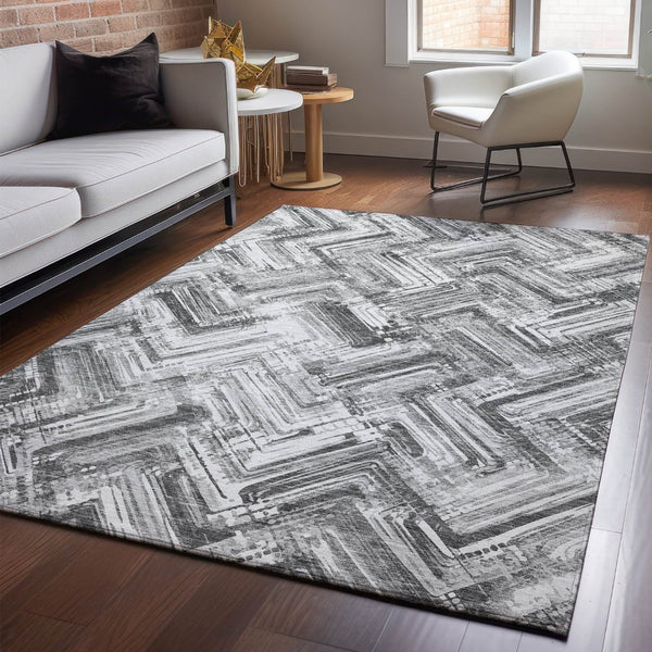 HomeRoots 10' X 14' Gray And Ivory Chevron Area Rug – Durable, Washable, UV-Protected for Modern Living Spaces 652899
