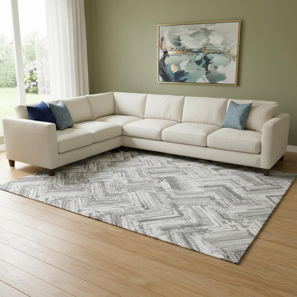 HomeRoots 10' X 14' Gray And Ivory Chevron Area Rug – Durable, Washable, UV-Protected for Modern Living Spaces 652899