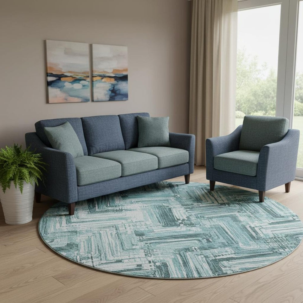 HomeRoots 8' Teal and Ivory Chevron Round Rug - Washable, UV Protected, Stylish, Durable for High-Traffic Areas 652902