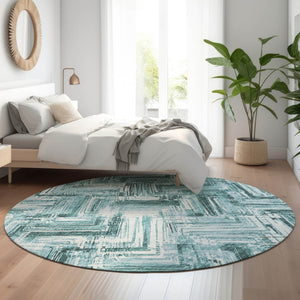 HomeRoots 8' Teal and Ivory Chevron Round Rug - Washable, UV Protected, Stylish, Durable for High-Traffic Areas 652902