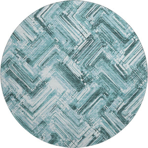 HomeRoots 8' Teal and Ivory Chevron Round Rug - Washable, UV Protected, Stylish, Durable for High-Traffic Areas 652902