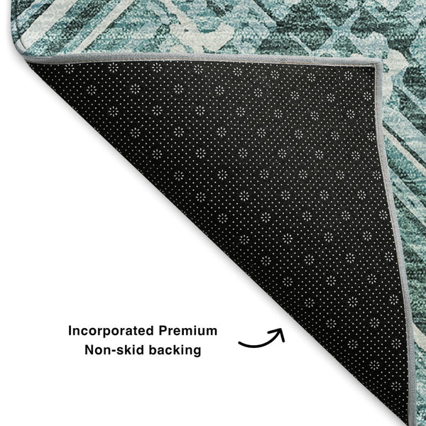 HomeRoots 8' Teal and Ivory Chevron Round Rug - Washable, UV Protected, Stylish, Durable for High-Traffic Areas 652902