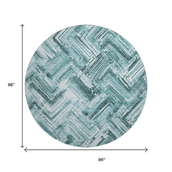 HomeRoots 8' Teal and Ivory Chevron Round Rug - Washable, UV Protected, Stylish, Durable for High-Traffic Areas 652902