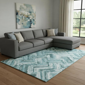 HomeRoots 8' X 10' Teal & Ivory Chevron Area Rug - Washable, UV-Protected, and Perfect for High-Traffic Spaces! 652903