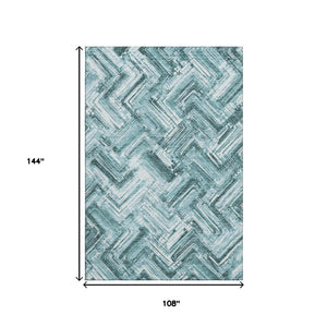 HomeRoots 9' X 12' Teal And Ivory Chevron Washable Area Rug - Stylish, Durable, UV-Protected for Busy Homes! 652904