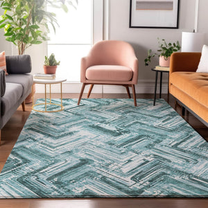 HomeRoots 9' X 12' Teal And Ivory Chevron Washable Area Rug - Stylish, Durable, UV-Protected for Busy Homes! 652904