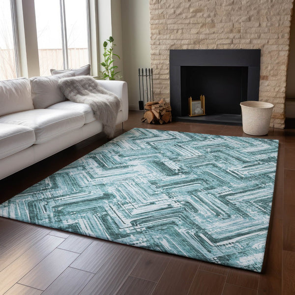 HomeRoots 9' X 12' Teal And Ivory Chevron Washable Area Rug - Stylish, Durable, UV-Protected for Busy Homes! 652904
