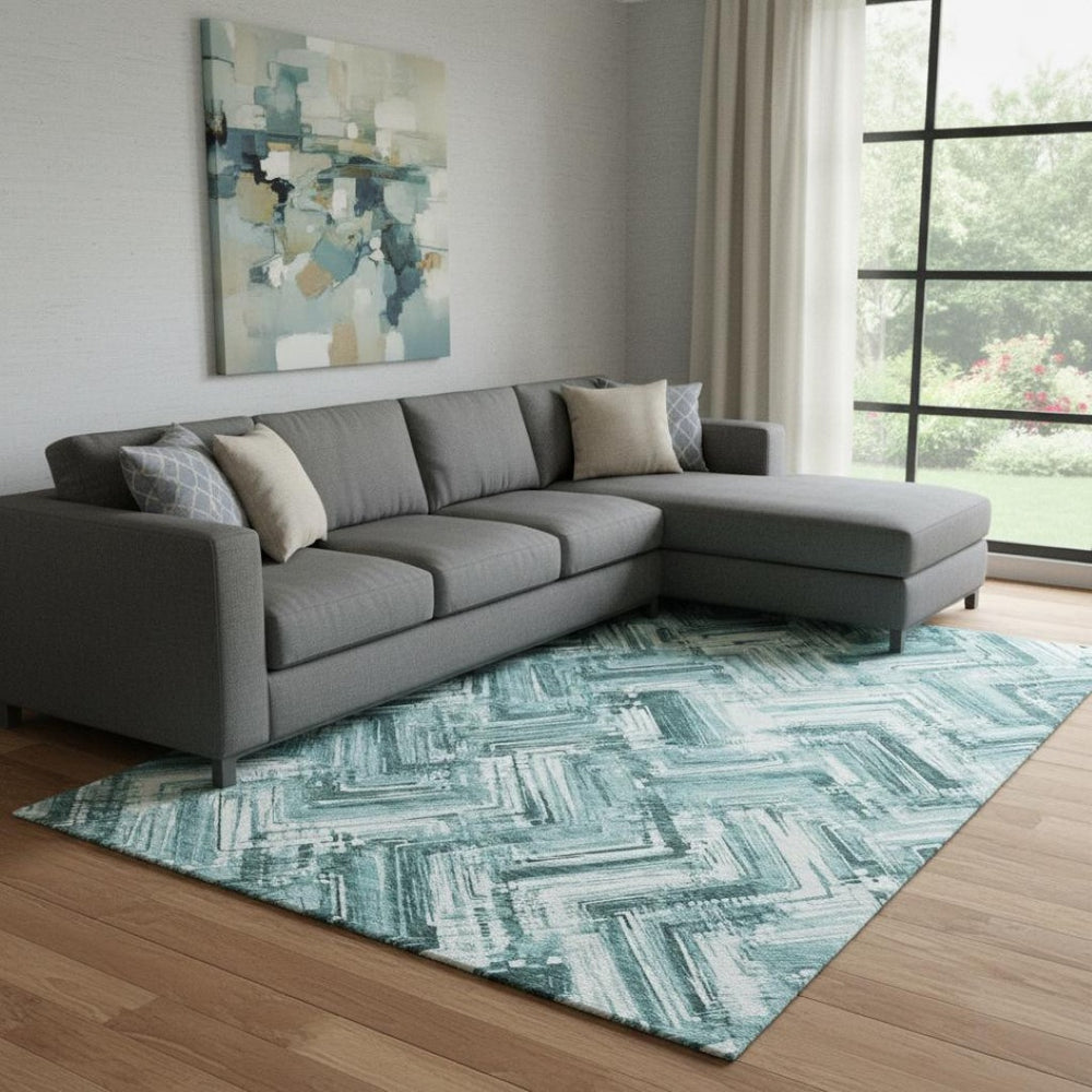 HomeRoots 9' X 12' Teal And Ivory Chevron Washable Area Rug - Stylish, Durable, UV-Protected for Busy Homes! 652904