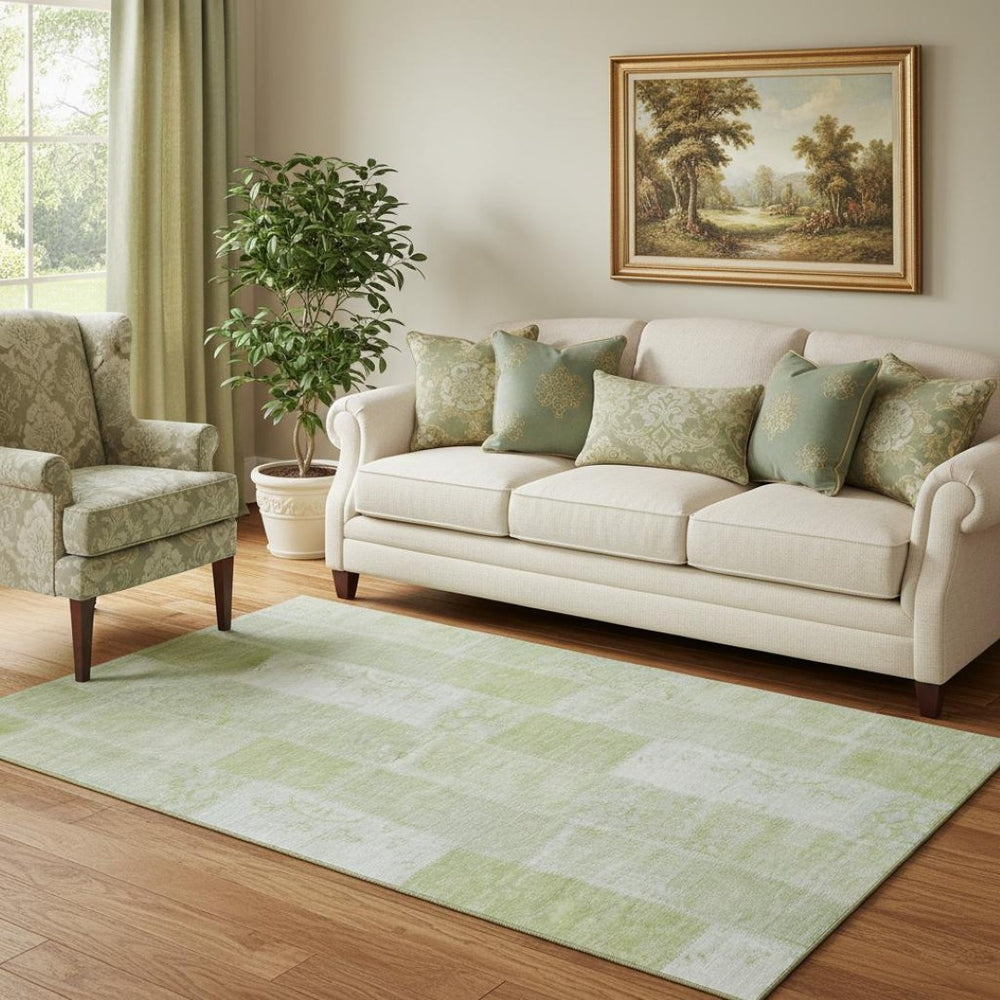 HomeRoots 5' Artichoke Green & Ivory Patchwork Area Rug - Washable, UV-Protected, Perfect for Busy Homes! 652907