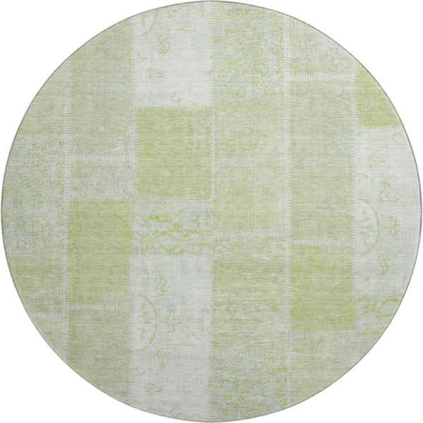 HomeRoots 8' Artichoke Green & Ivory Patchwork Round Rug - Washable, Stain Resistant & UV Protected Design 652908