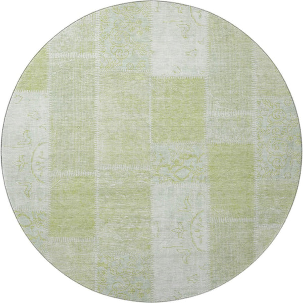 HomeRoots 8' Artichoke Green & Ivory Patchwork Round Rug - Washable, Stain Resistant & UV Protected Design 652908