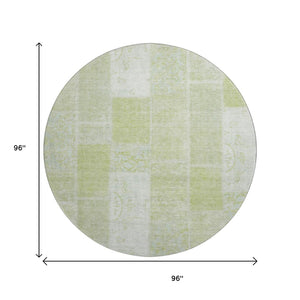 HomeRoots 8' Artichoke Green & Ivory Patchwork Round Rug - Washable, Stain Resistant & UV Protected Design 652908