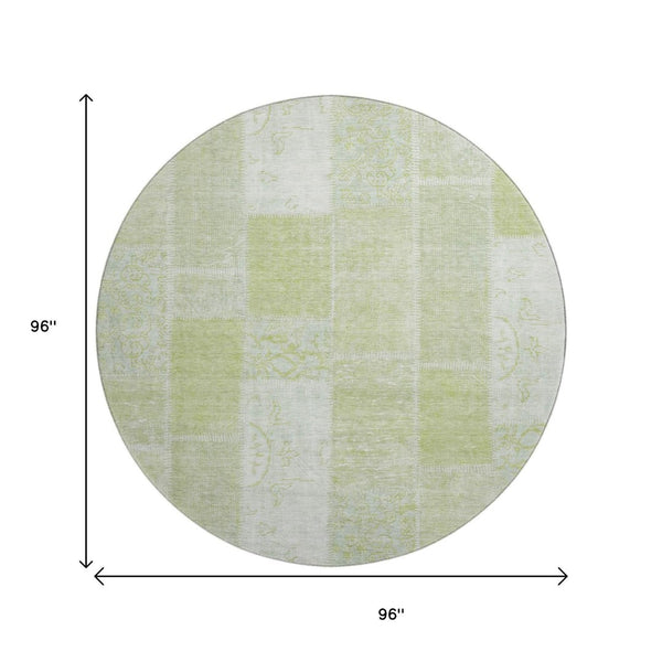 HomeRoots 8' Artichoke Green & Ivory Patchwork Round Rug - Washable, Stain Resistant & UV Protected Design 652908