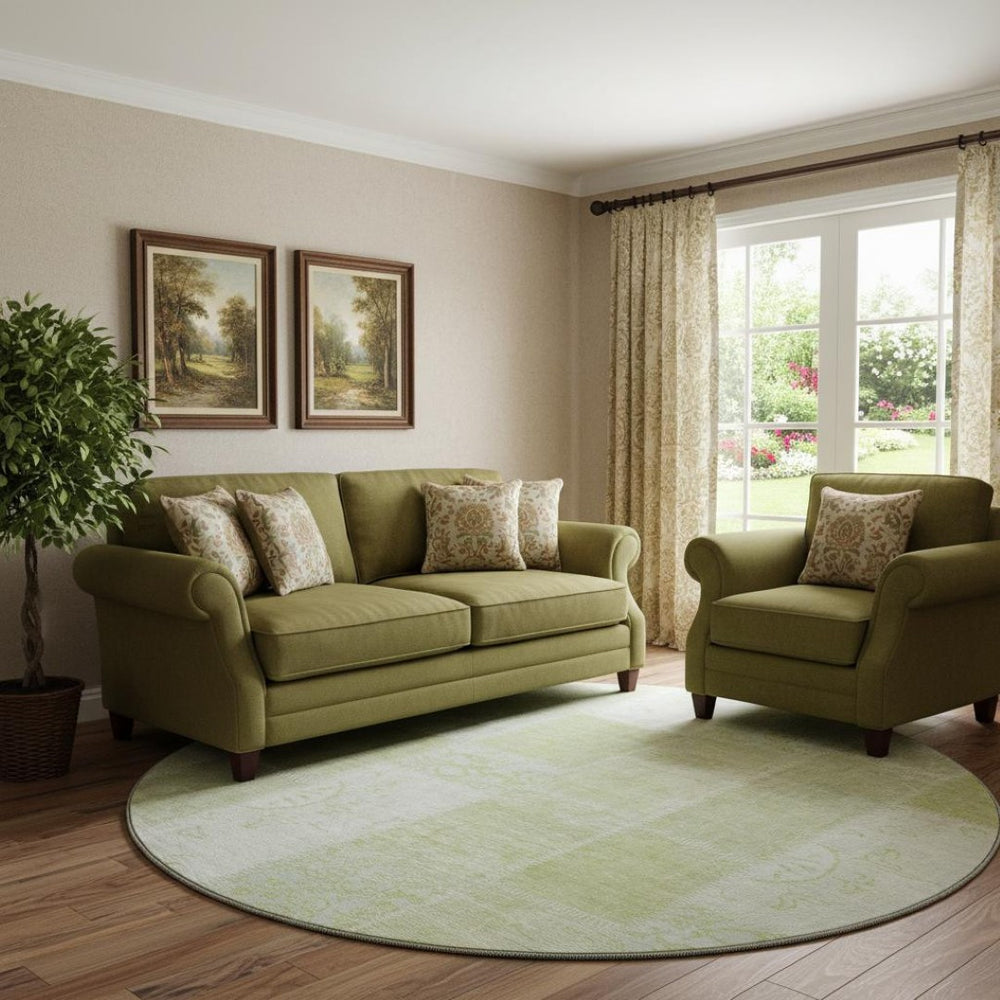 HomeRoots 8' Artichoke Green & Ivory Patchwork Round Rug - Washable, Stain Resistant & UV Protected Design 652908