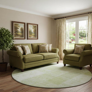 HomeRoots 8' Artichoke Green & Ivory Patchwork Round Rug - Washable, Stain Resistant & UV Protected Design 652908