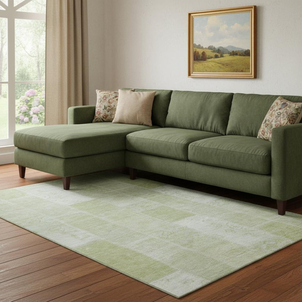 HomeRoots 9' X 12' Artichoke Green Patchwork Rug - Washable, UV-Protected, Stain-Resistant for Homes with Kids 652910