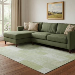 HomeRoots 9' X 12' Artichoke Green Patchwork Rug - Washable, UV-Protected, Stain-Resistant for Homes with Kids 652910