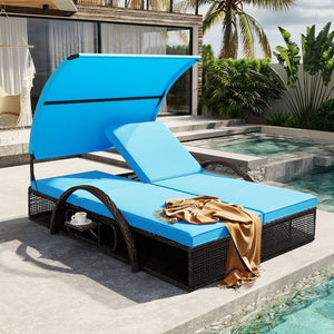 English Elm U_style Outdoor Double Sun Lounger Hdpe Wicker Steel Frame with Canopy Pop up Tables Blue WY000485AAC