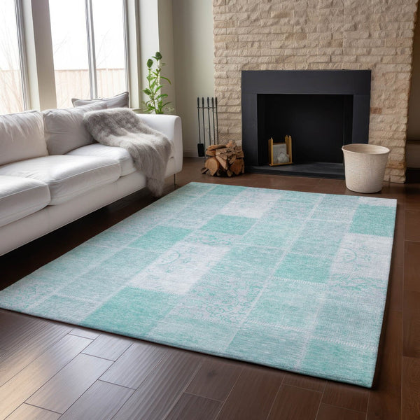 HomeRoots 5' X 8' Aqua and Ivory Patchwork Area Rug – Durable, Washable, and UV-Protected for Any Space! 652913