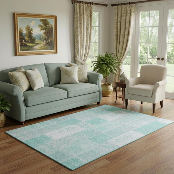 HomeRoots 5' X 8' Aqua and Ivory Patchwork Area Rug – Durable, Washable, and UV-Protected for Any Space! 652913