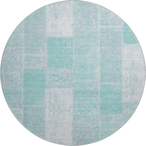 HomeRoots 8' Aqua and Ivory Patchwork Round Rug - Durable, Stain-Resistant, UV-Protected for Homes & Decor 652914
