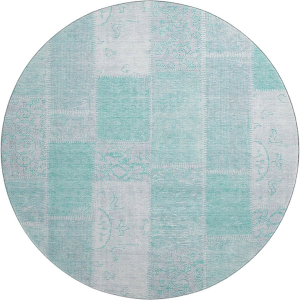 HomeRoots 8' Aqua and Ivory Patchwork Round Rug - Durable, Stain-Resistant, UV-Protected for Homes & Decor 652914
