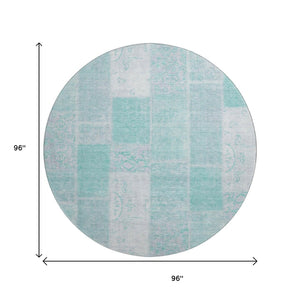 HomeRoots 8' Aqua and Ivory Patchwork Round Rug - Durable, Stain-Resistant, UV-Protected for Homes & Decor 652914