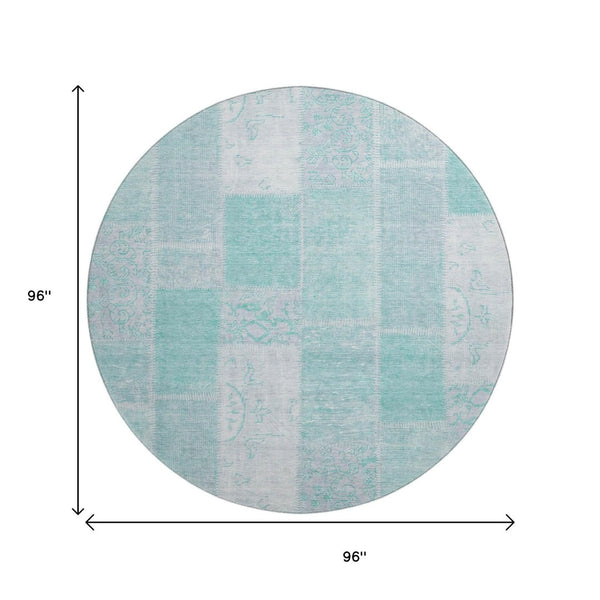 HomeRoots 8' Aqua and Ivory Patchwork Round Rug - Durable, Stain-Resistant, UV-Protected for Homes & Decor 652914