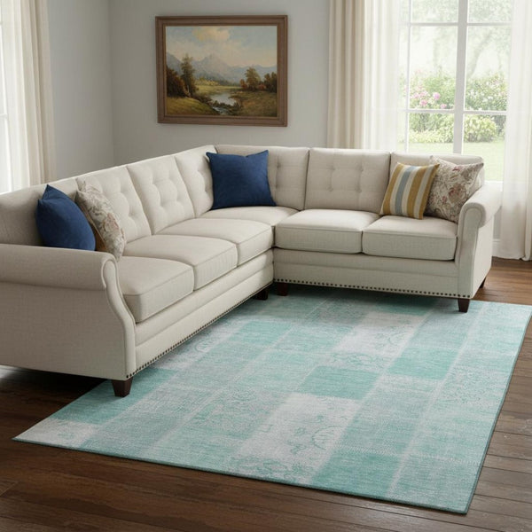 HomeRoots 8' X 10' Aqua And Ivory Patchwork Area Rug – Washable, UV Protected & Perfect for Busy Homes! 652915