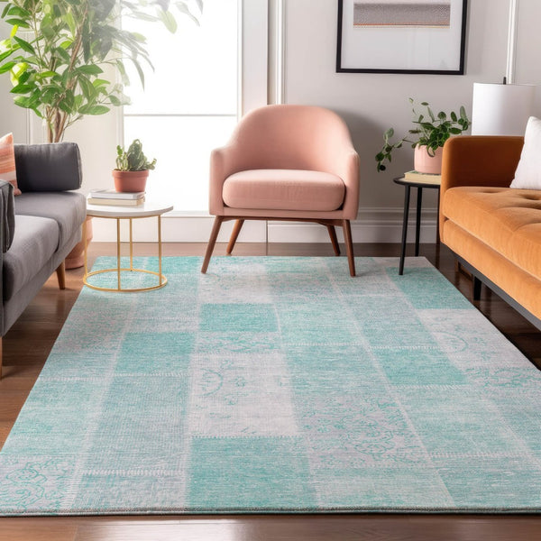 HomeRoots 9' X 12' Aqua & Ivory Patchwork Area Rug – Durable, Stain-Resistant, UV-Protected for Any Room 652916