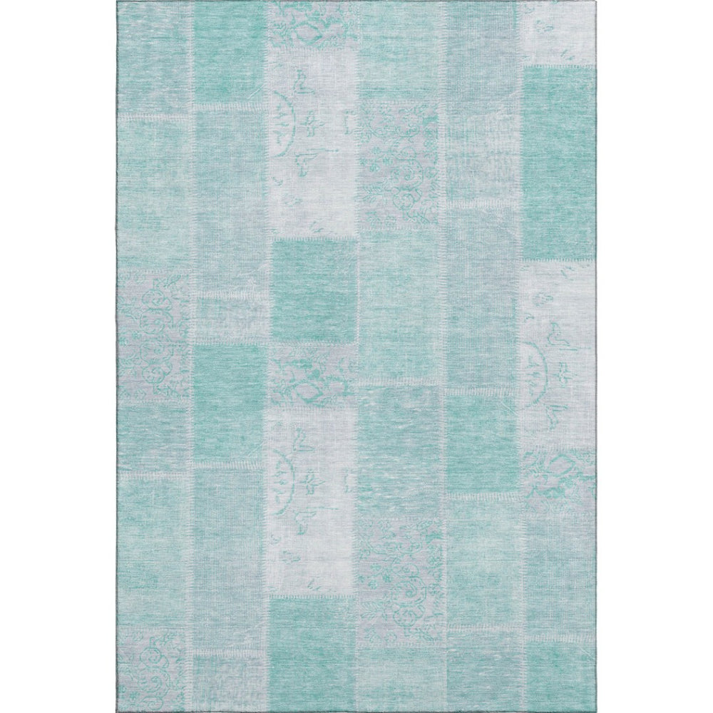HomeRoots 9' X 12' Aqua & Ivory Patchwork Area Rug – Durable, Stain-Resistant, UV-Protected for Any Room 652916