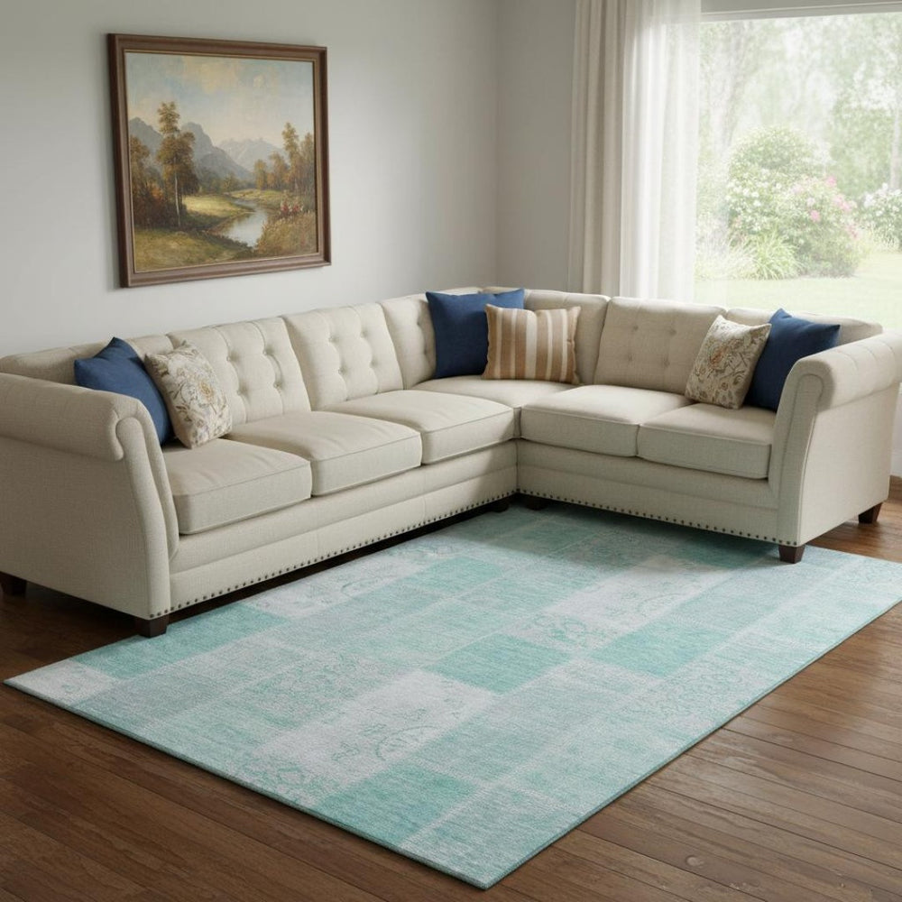 HomeRoots 9' X 12' Aqua & Ivory Patchwork Area Rug – Durable, Stain-Resistant, UV-Protected for Any Room 652916