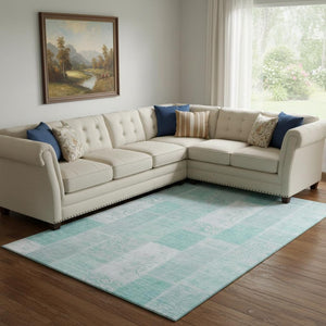 HomeRoots 9' X 12' Aqua & Ivory Patchwork Area Rug – Durable, Stain-Resistant, UV-Protected for Any Room 652916
