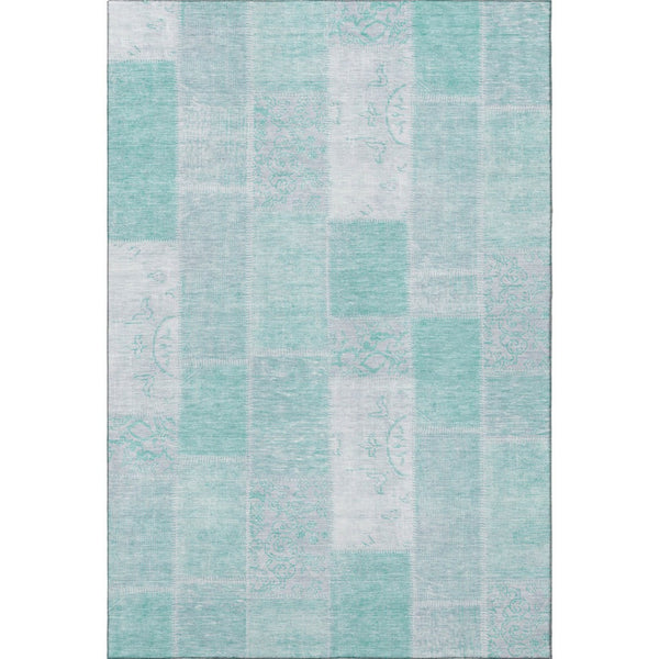 HomeRoots 9' X 12' Aqua & Ivory Patchwork Area Rug – Durable, Stain-Resistant, UV-Protected for Any Room 652916