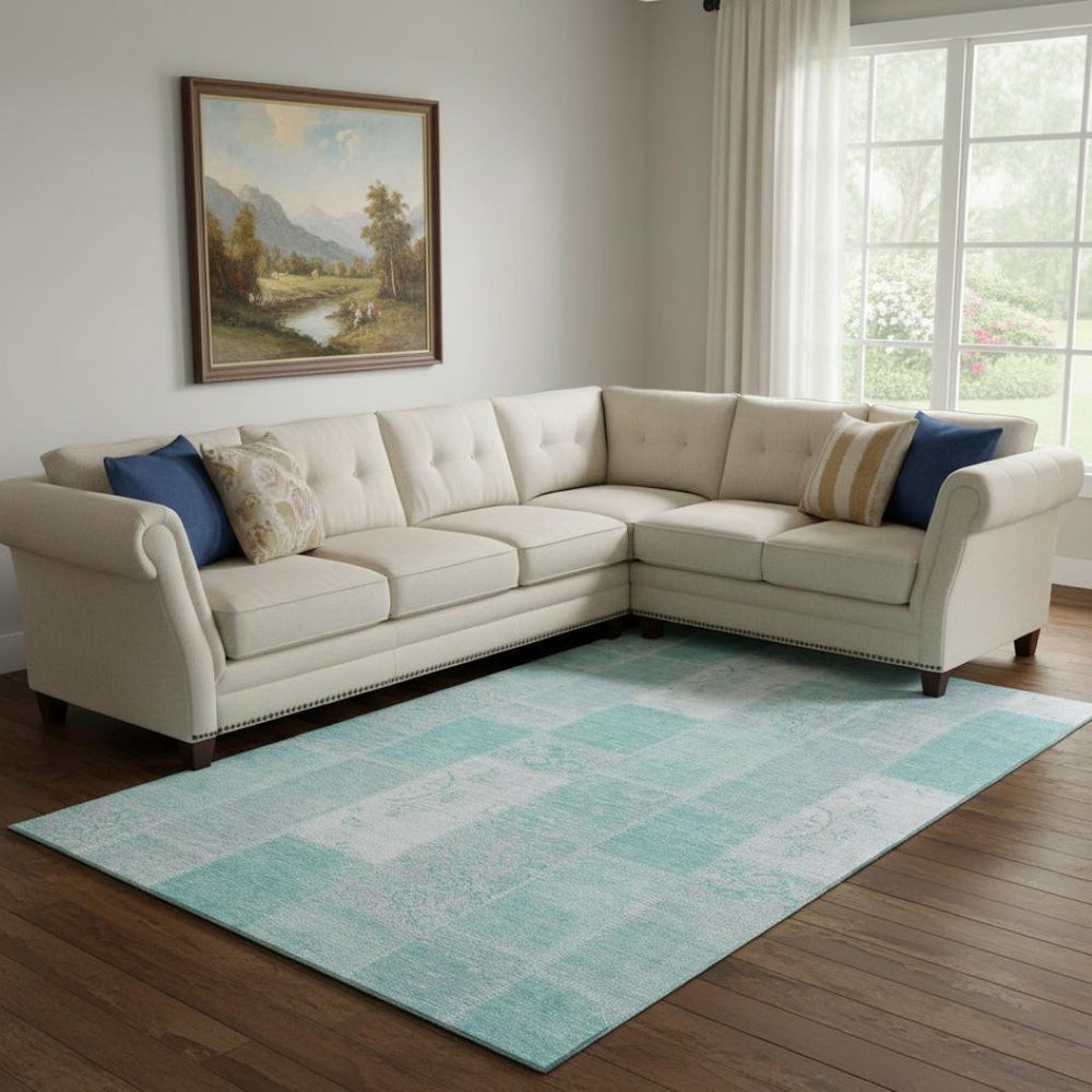 HomeRoots 10' X 14' Aqua & Ivory Patchwork Area Rug - Washable, UV Protected, Stain Resistant for Easy Care 652917