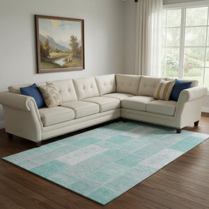 HomeRoots 10' X 14' Aqua & Ivory Patchwork Area Rug - Washable, UV Protected, Stain Resistant for Easy Care 652917