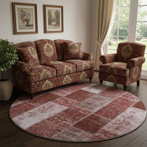 HomeRoots 8' Burgundy and Ivory Patchwork Round Rug – Washable, UV Protected, Perfect for Family Homes! 652920