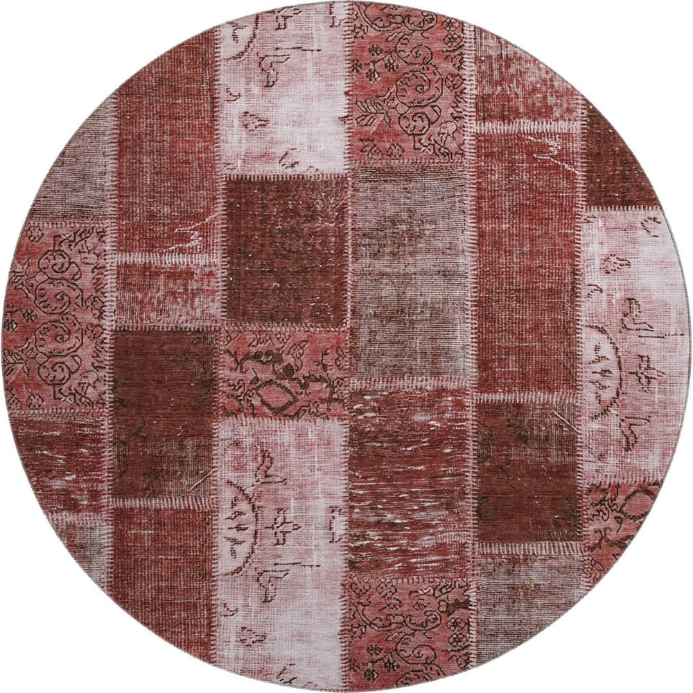HomeRoots 8' Burgundy and Ivory Patchwork Round Rug – Washable, UV Protected, Perfect for Family Homes! 652920