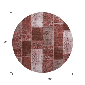 HomeRoots 8' Burgundy and Ivory Patchwork Round Rug – Washable, UV Protected, Perfect for Family Homes! 652920