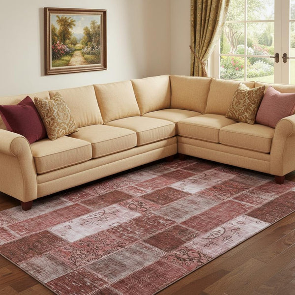 HomeRoots 8' X 10' Burgundy and Ivory Patchwork Area Rug – Washable, UV Protected, Kid & Pet Friendly Design 652921