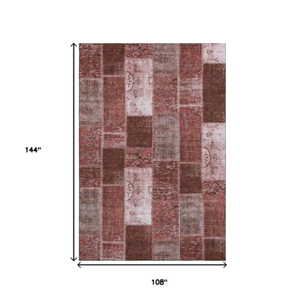 HomeRoots 9' X 12' Burgundy & Ivory Patchwork Washable Area Rug - Stain-Resistant, UV-Protected Charm for Homes! 652922