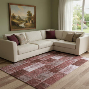 HomeRoots 9' X 12' Burgundy & Ivory Patchwork Washable Area Rug - Stain-Resistant, UV-Protected Charm for Homes! 652922